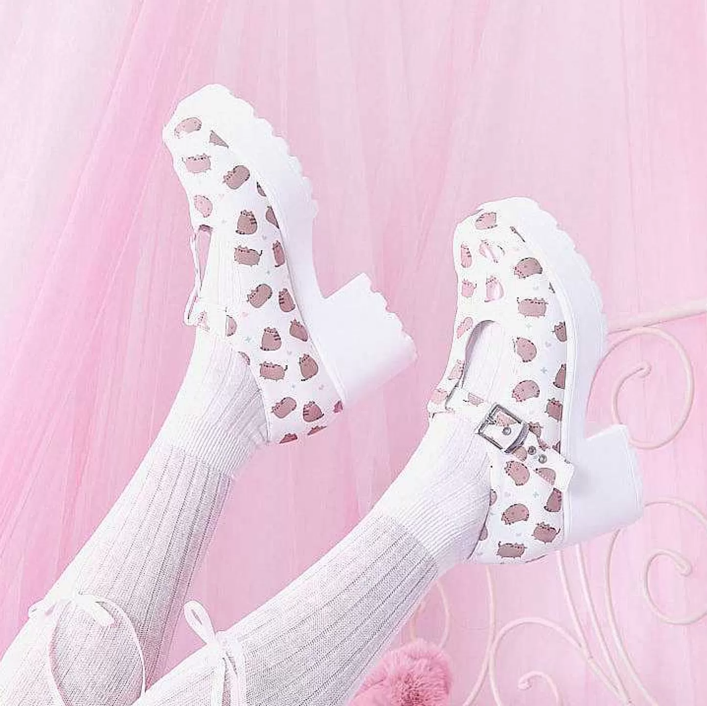Clearance Sai White Mary Janes „Edycja Pusheen" Damskie Wydrukowano Mary Janes